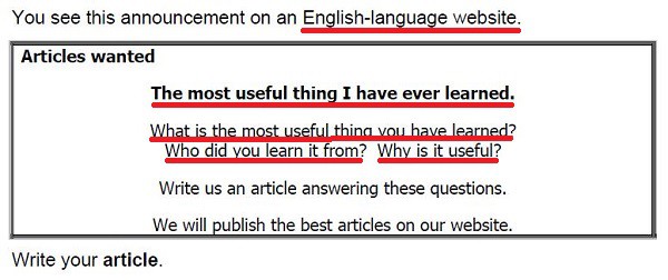 Example of an FCE article writing task with the key information underlined